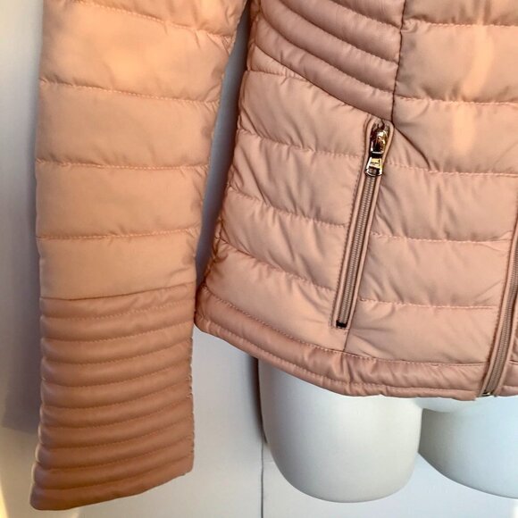 GUESS stretch water/windproof blush pink puffer moto contrasting vegan leather M - Picture 8 of 16